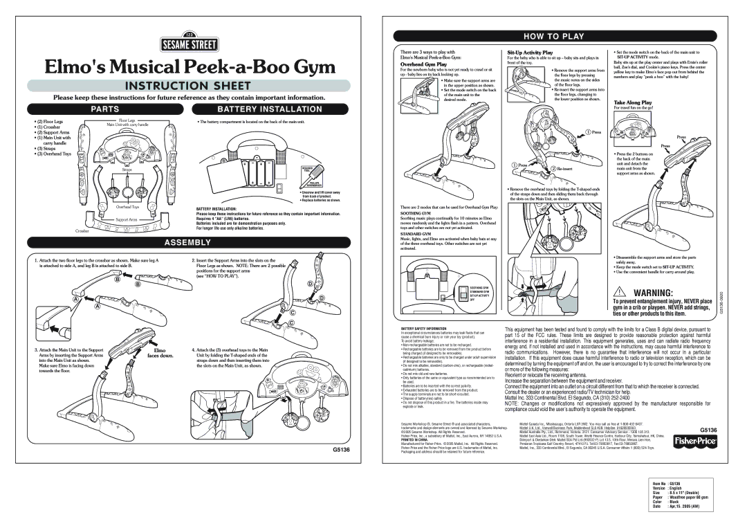 Fisher-Price G5136 instruction sheet HOW to Play, Parts, Battery Installation, Assembly 