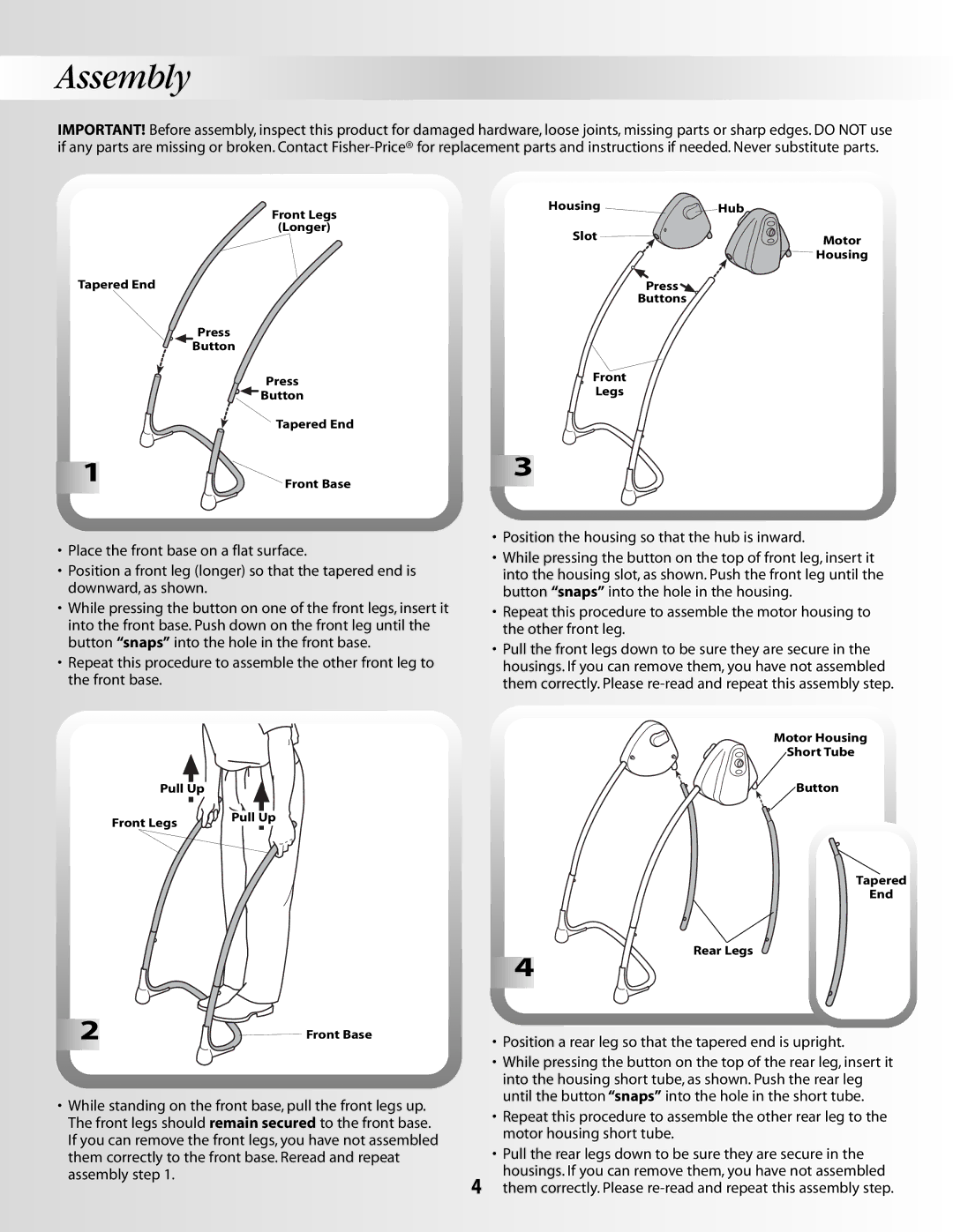 Fisher-Price B3469, G5175, B2108 manual Assembly 