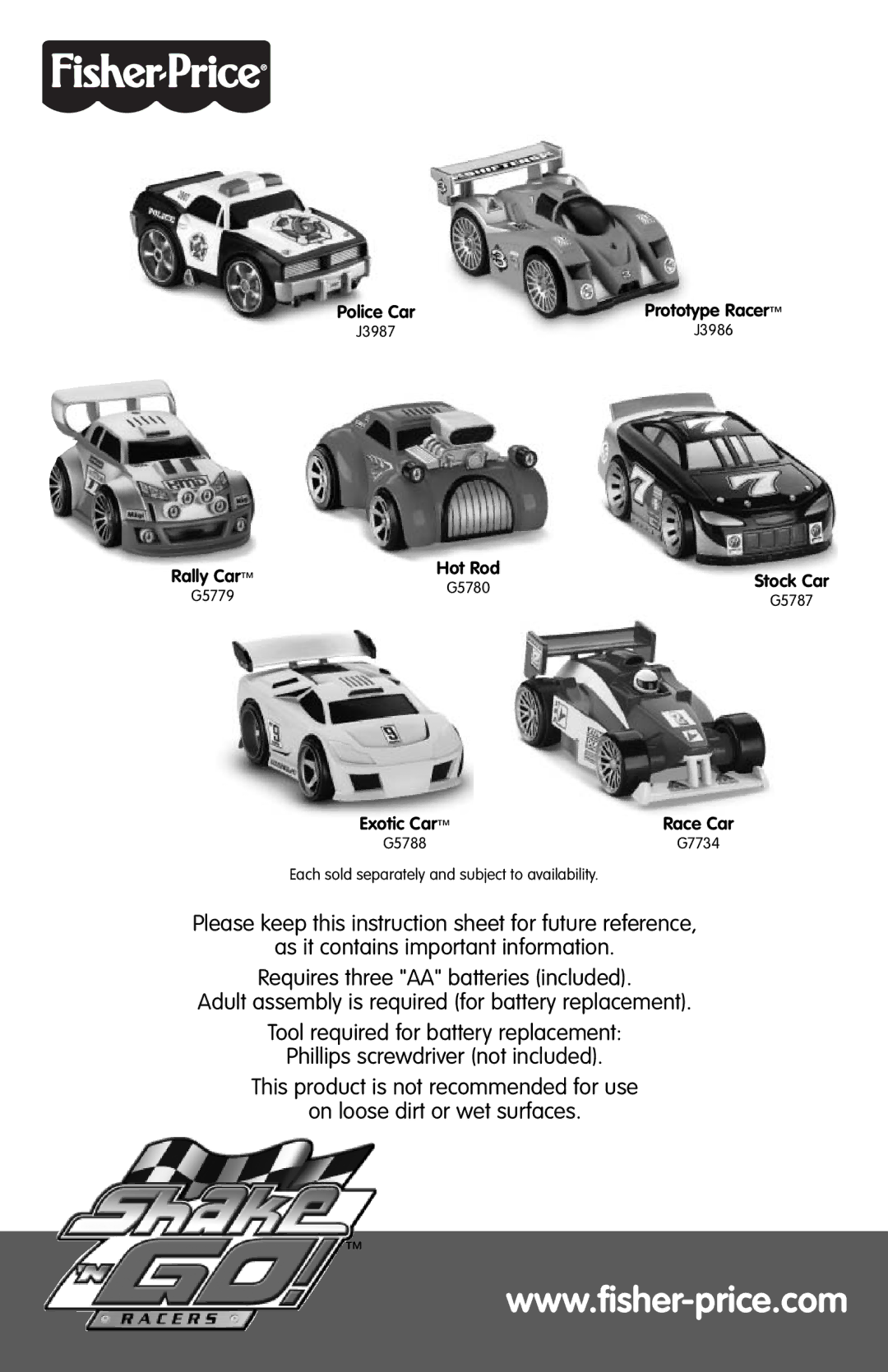 Fisher-Price G5787, G5780, J3987, G5788, G7734, J3986, G5779 instruction sheet Police Car Prototype Racer 