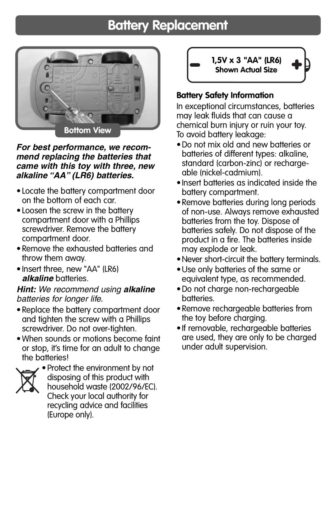 Fisher-Price J3987, G5780, G5787, G5788, G7734, J3986, G5779 Battery Replacement, 5V x 3 AA LR6, Battery Safety Information 