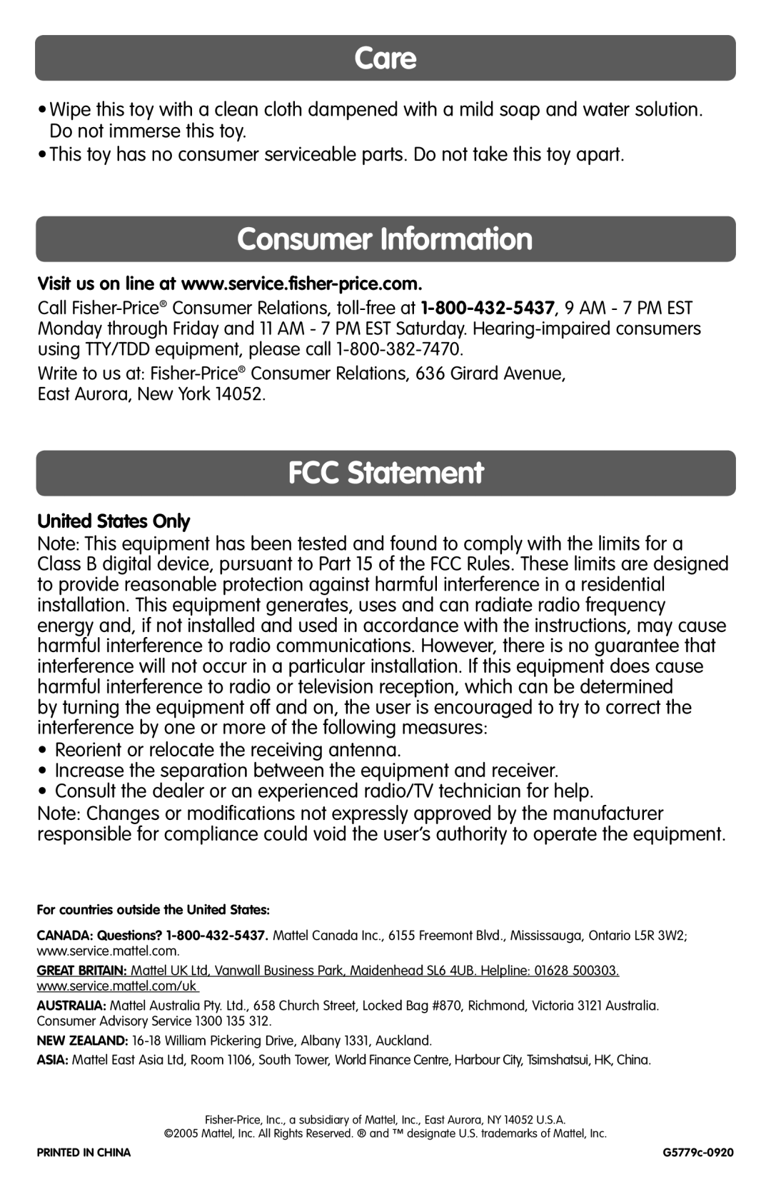 Fisher-Price G7734, G5780, G5787, J3987, G5788, J3986, G5779 Care, Consumer Information, FCC Statement, United States Only 