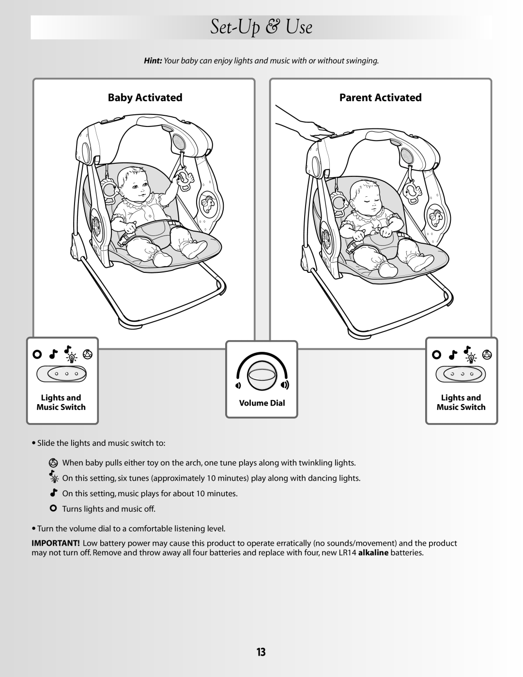 Fisher-Price G5912 manual Set-Up& Use, Baby Activated, Parent Activated, Volume Dial 