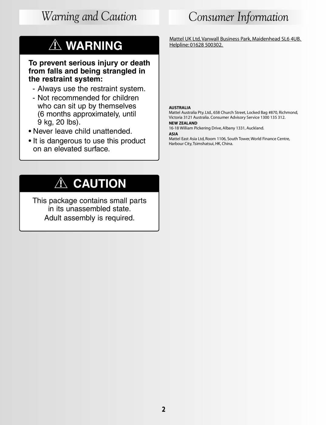 Fisher-Price G5912 manual Warning and Caution, Consumer Information 