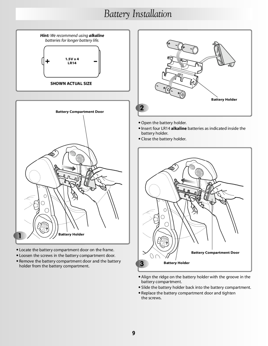 Fisher-Price G5912 manual Battery Installation, Shown Actual Size 