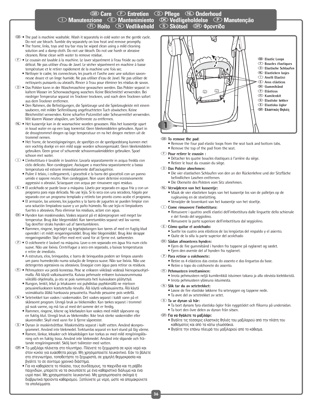 Fisher-Price G5918 manual To remove the pad, Pour retirer le coussin, Das Polster abnehmen, Verwijderen van het kussentje 