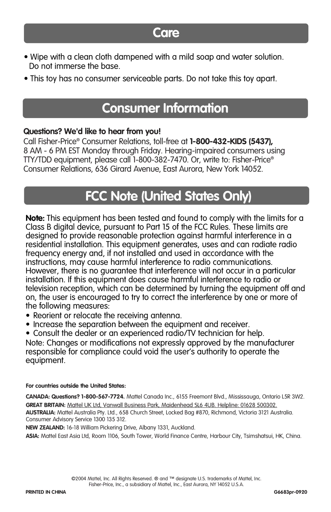 Fisher-Price G8370, G6683 Care, Consumer Information, FCC Note United States Only, Questions? Wed like to hear from you 