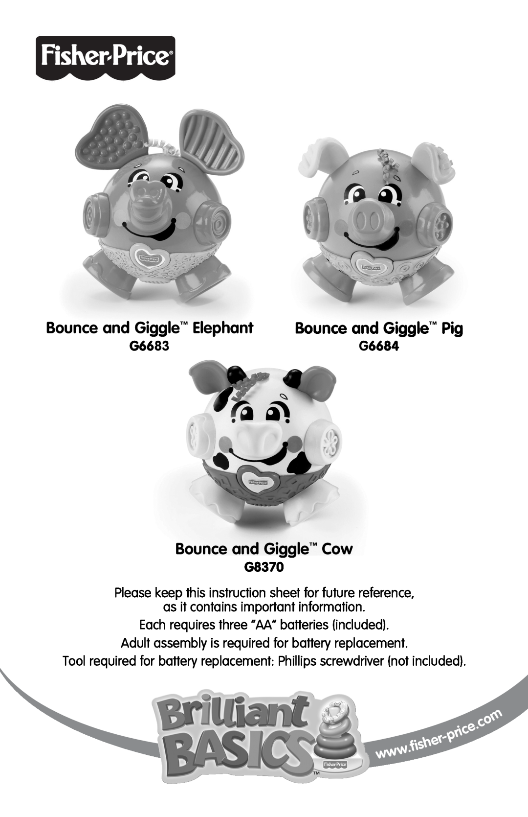 Fisher-Price G8370 instruction sheet G6683, G6684, Bounce and Giggle Cow, Bounce and Giggle Pig 