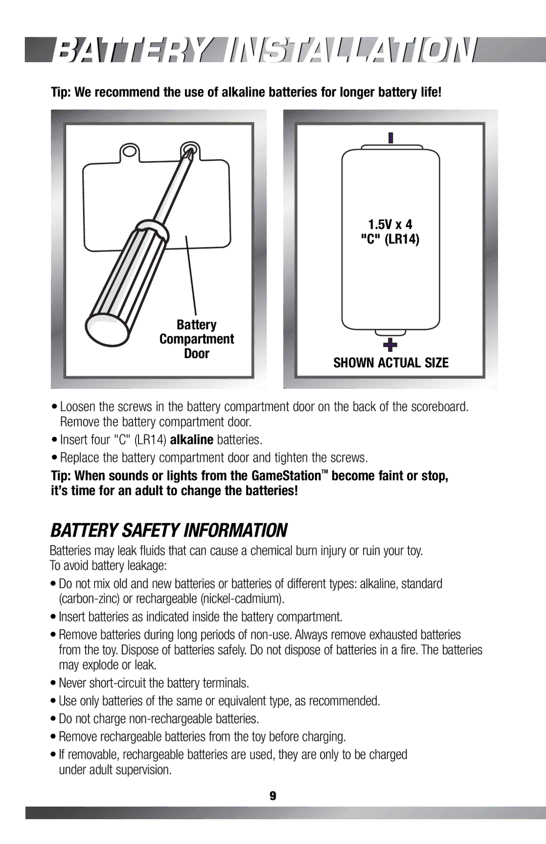 Fisher-Price H0127, C4492 owner manual Battery Installation, Shown Actual Size 