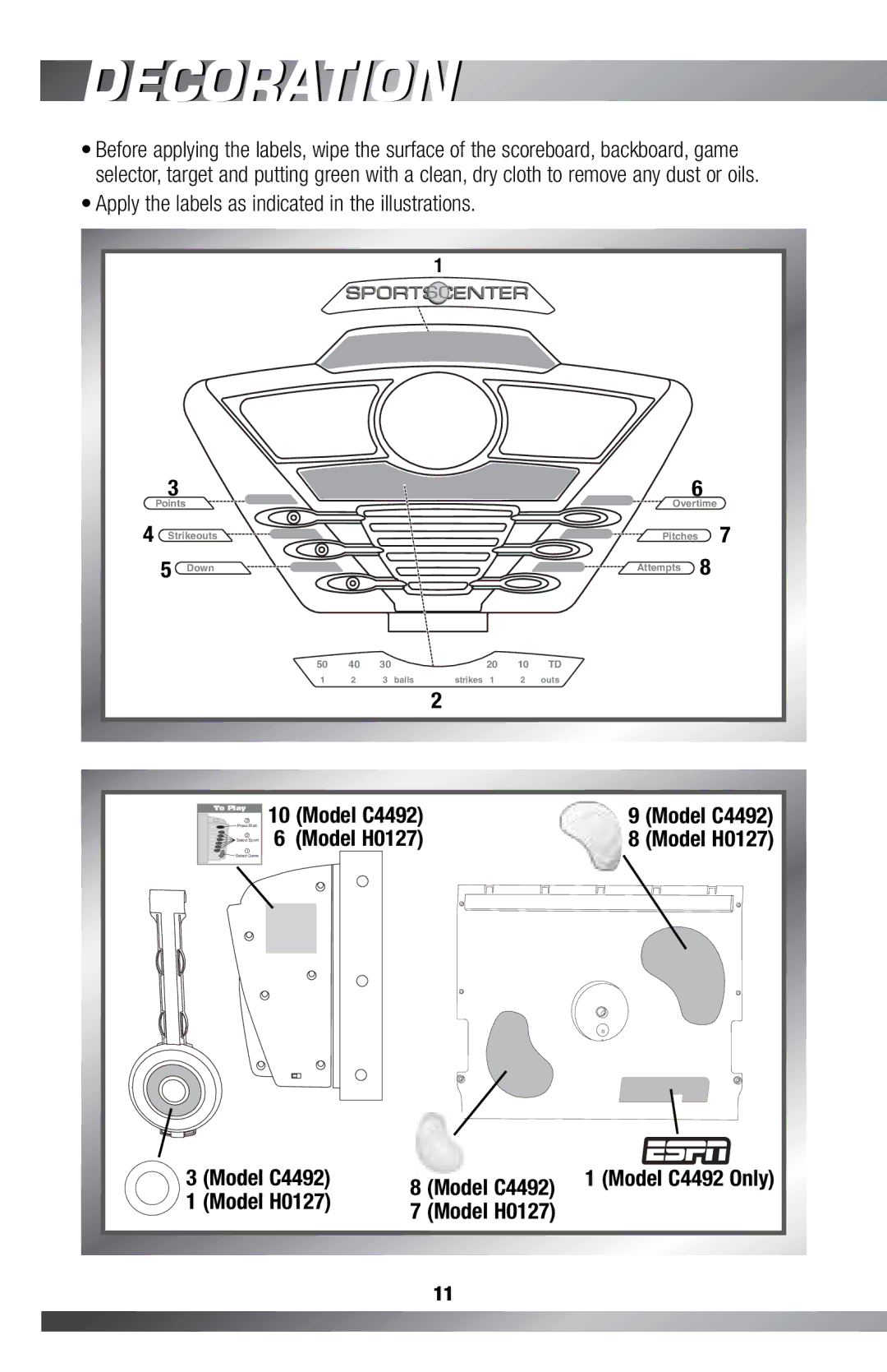 Fisher-Price H0127, C4492 owner manual Decoration, Apply the labels as indicated in the illustrations 