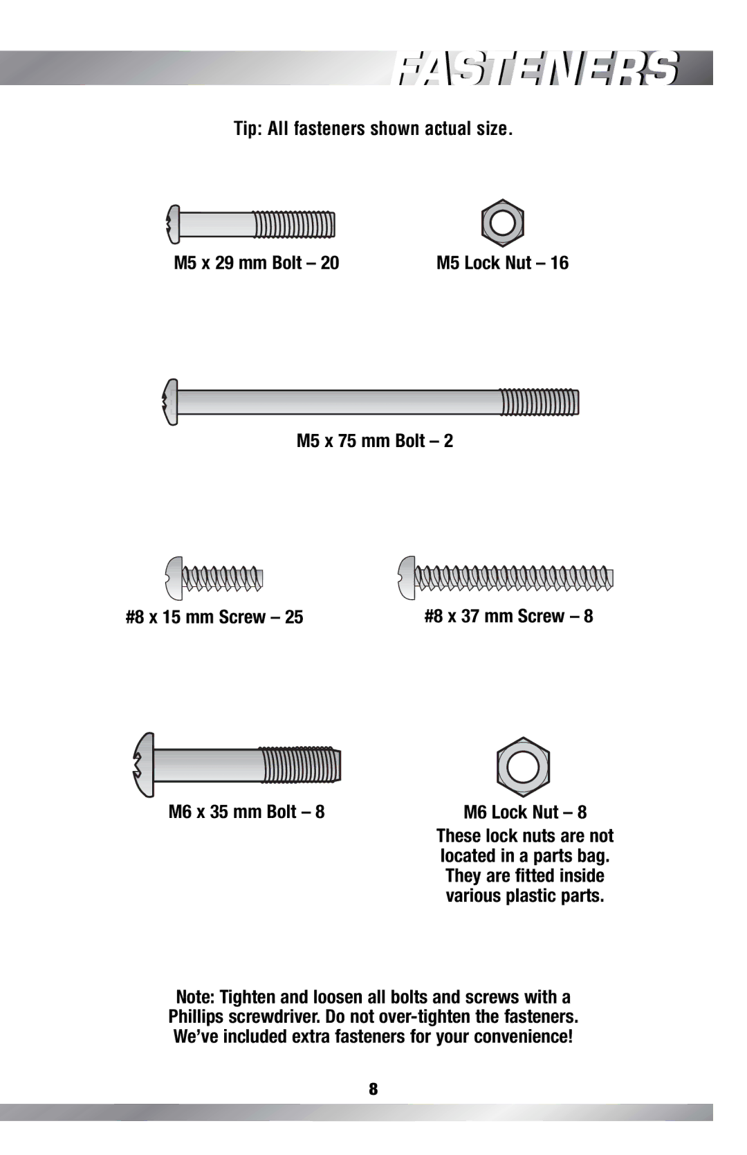 Fisher-Price C4492, H0127 owner manual Fasteners, M6 x 35 mm Bolt M6 Lock Nut 