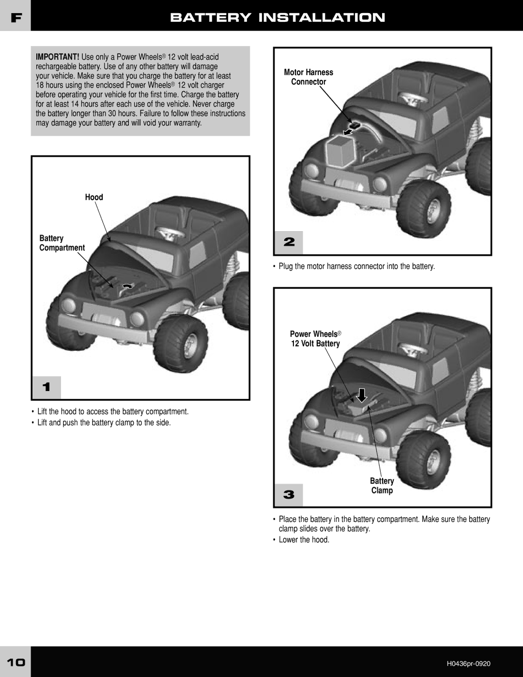 Fisher-Price H0436 Battery Installation, Hood Battery Compartment, Motor Harness Connector, Power Wheels Volt Battery 