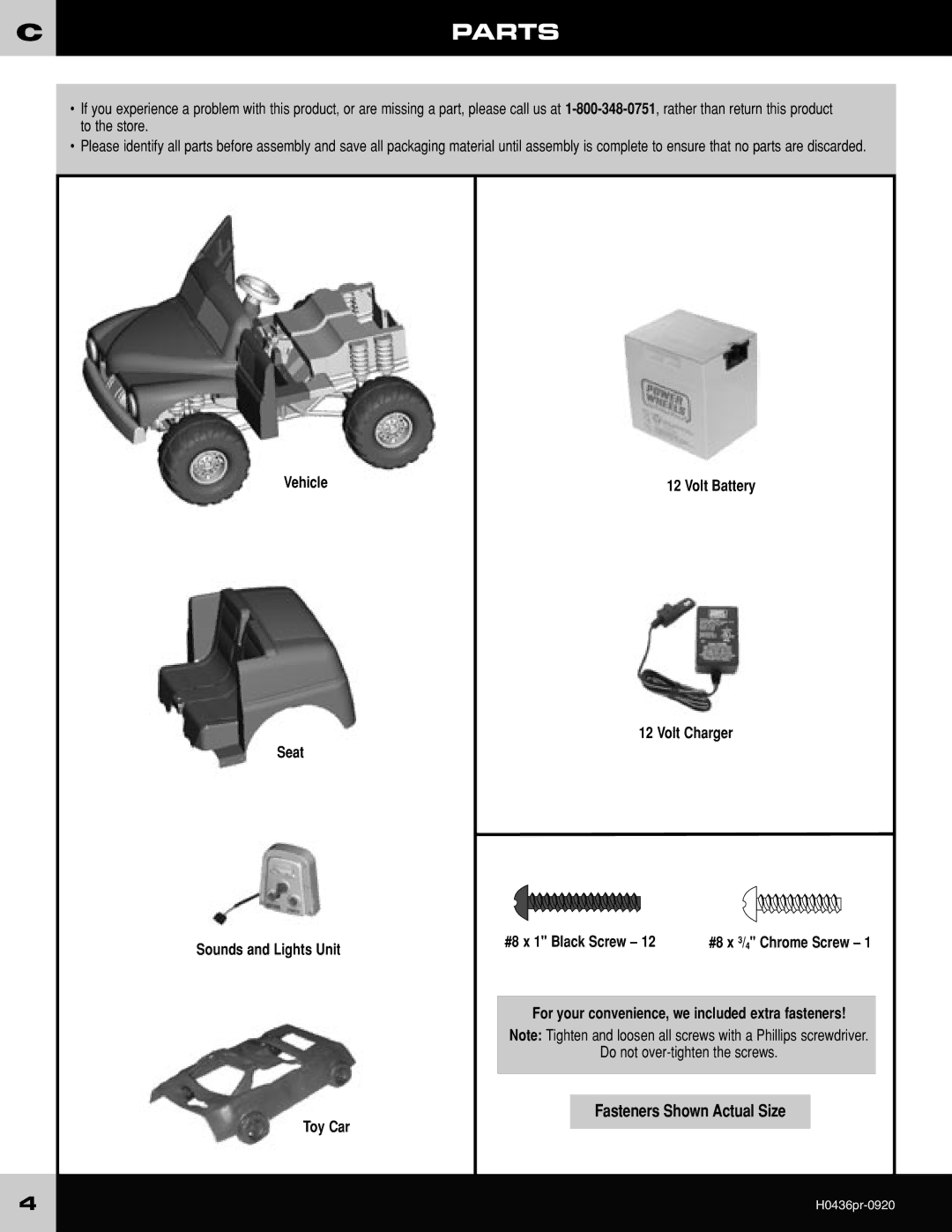 Fisher-Price H0436 owner manual Cparts, For your convenience, we included extra fasteners 