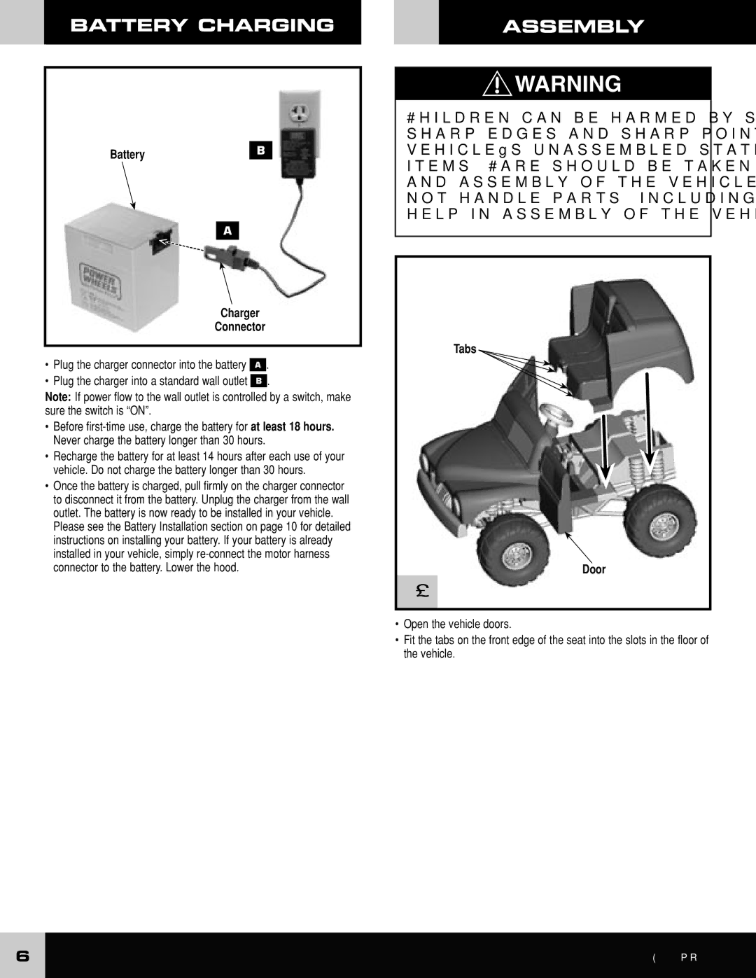 Fisher-Price H0436 owner manual Assembly, BatteryB Charger Connector, Tabs Door 