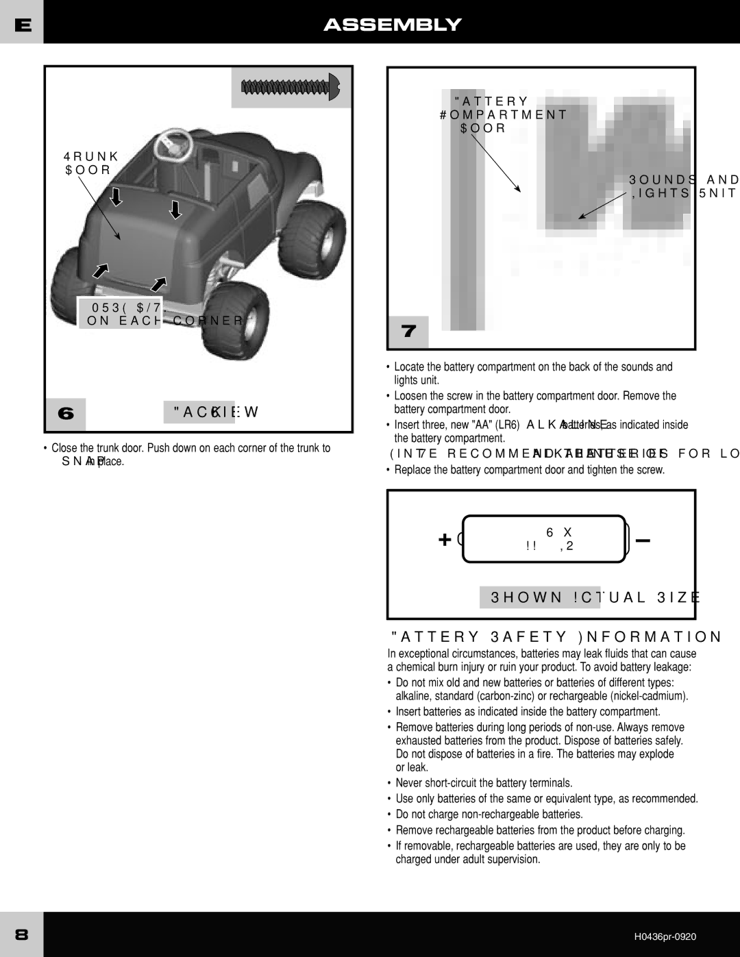 Fisher-Price H0436 owner manual Eassembly, Shown Actual Size Battery Safety Information, Trunk Door, 5V x AA LR6 