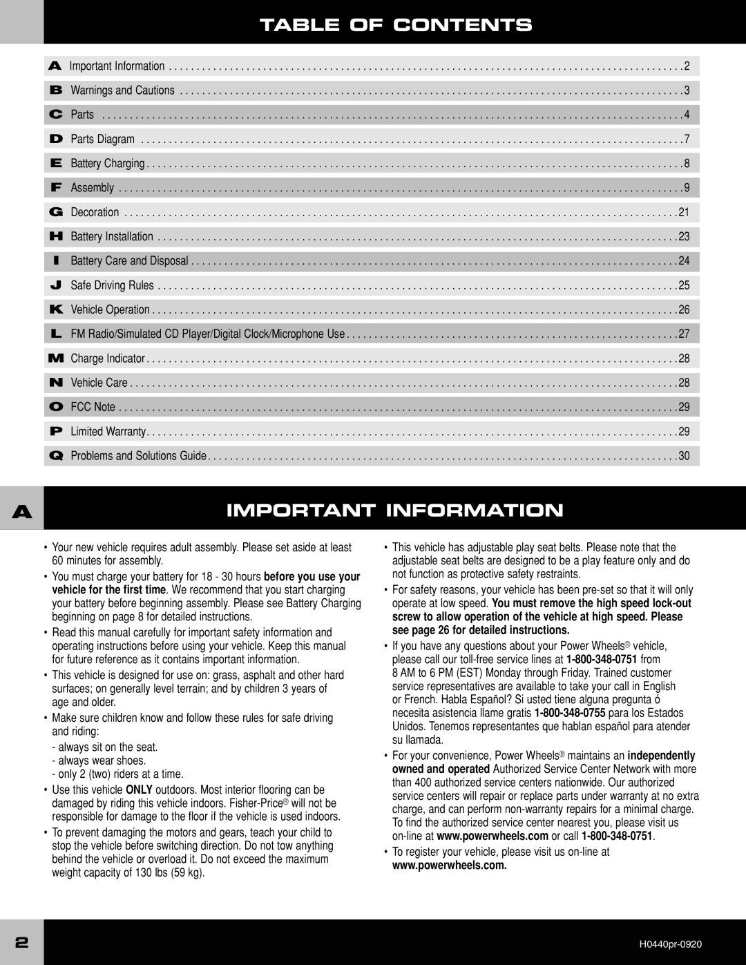 Fisher-Price H044040 owner manual Table of Contents, Important Information 