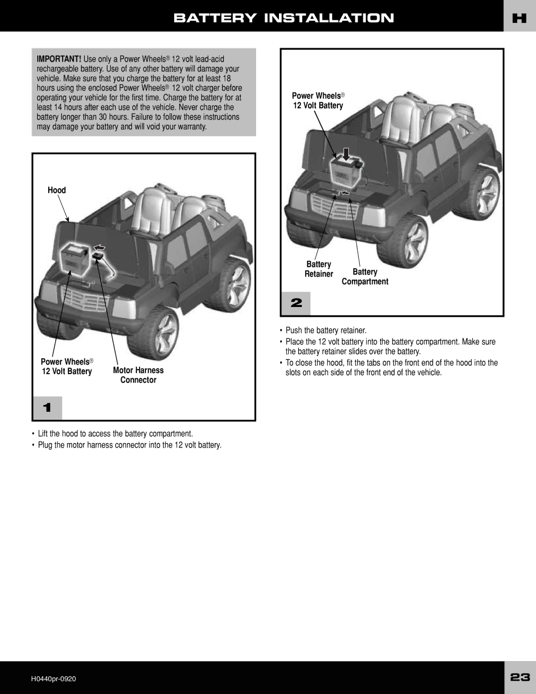 Fisher-Price H044040 owner manual Battery Installation, Hood Power Wheels Volt Battery Motor Harness Connector 