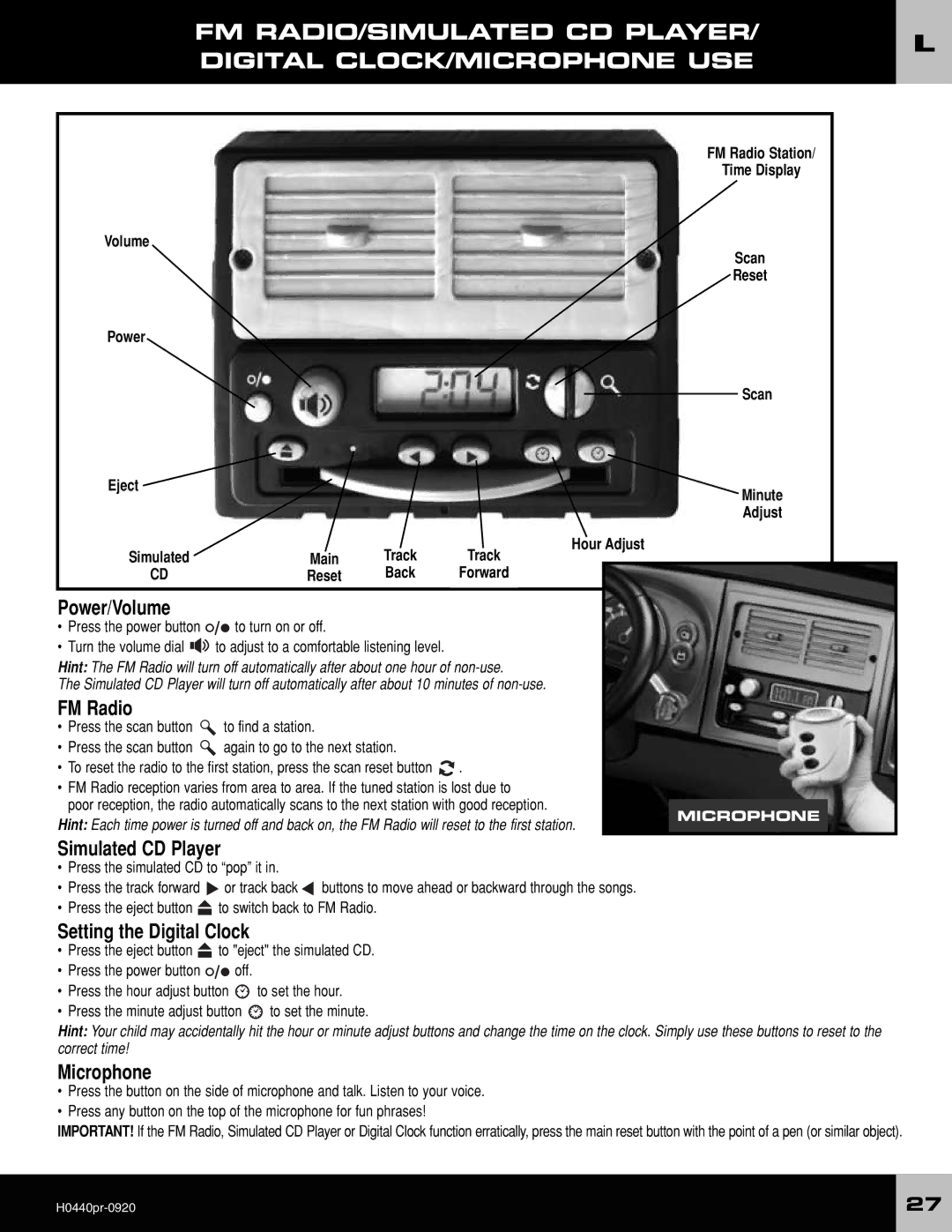 Fisher-Price H044040 owner manual FM RADIO/SIMULATED CD Player Digital CLOCK/MICROPHONE USE, Hour Adjust, Track, Back 