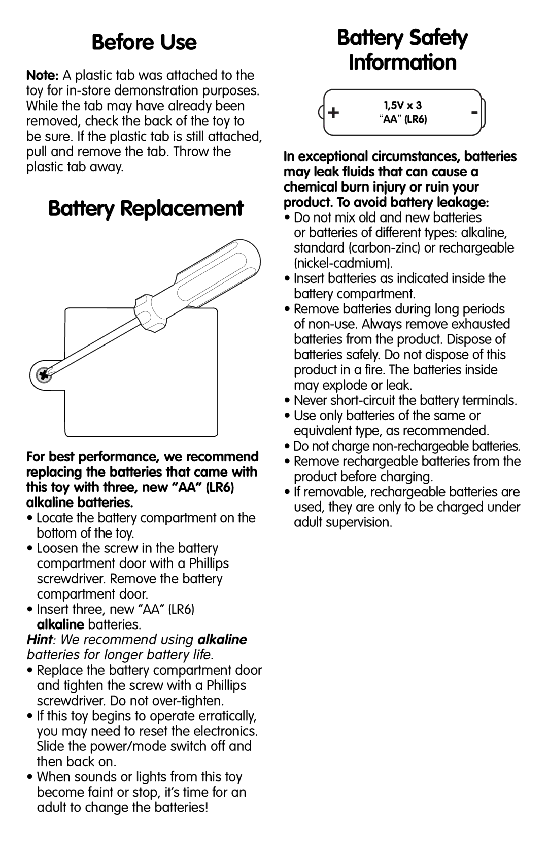 Fisher-Price H0675 instruction sheet Before Use Battery Replacement, Battery Safety Information 