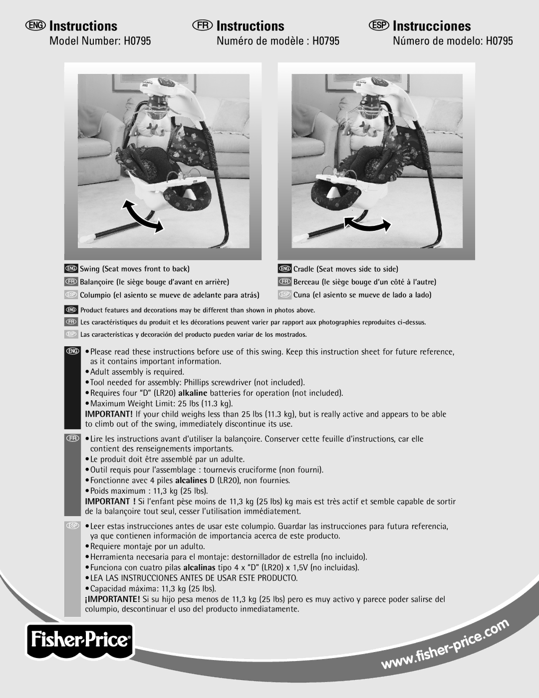 Fisher-Price instruction sheet EInstructions FInstructions SInstrucciones, Model Number H0795 Numéro de modèle H0795 