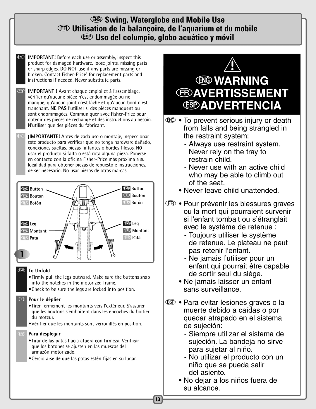 Fisher-Price H0795 instruction sheet To Unfold, Pour le déplier, Para desplegar 