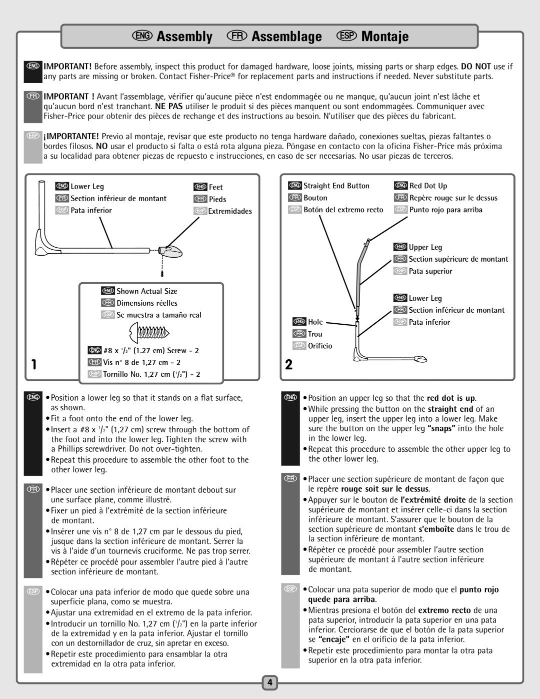 Fisher-Price H0795 instruction sheet EAssembly fAssemblage SMontaje, Extremidad en la otra pata inferior 