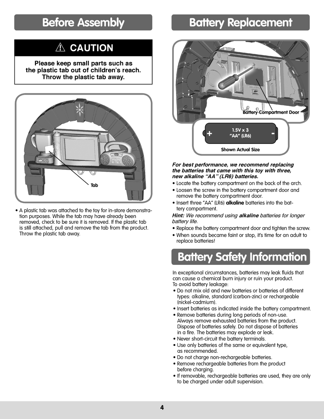 Fisher-Price H1581 instruction sheet Before Assembly, Battery Replacement, Battery Safety Information 