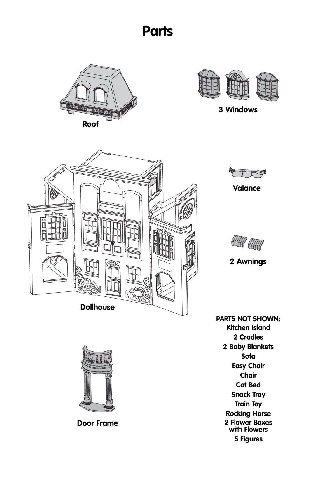 Fisher-Price H3370, H4828 manual Parts, Roof Dollhouse Door Frame Windows Valance Awnings 