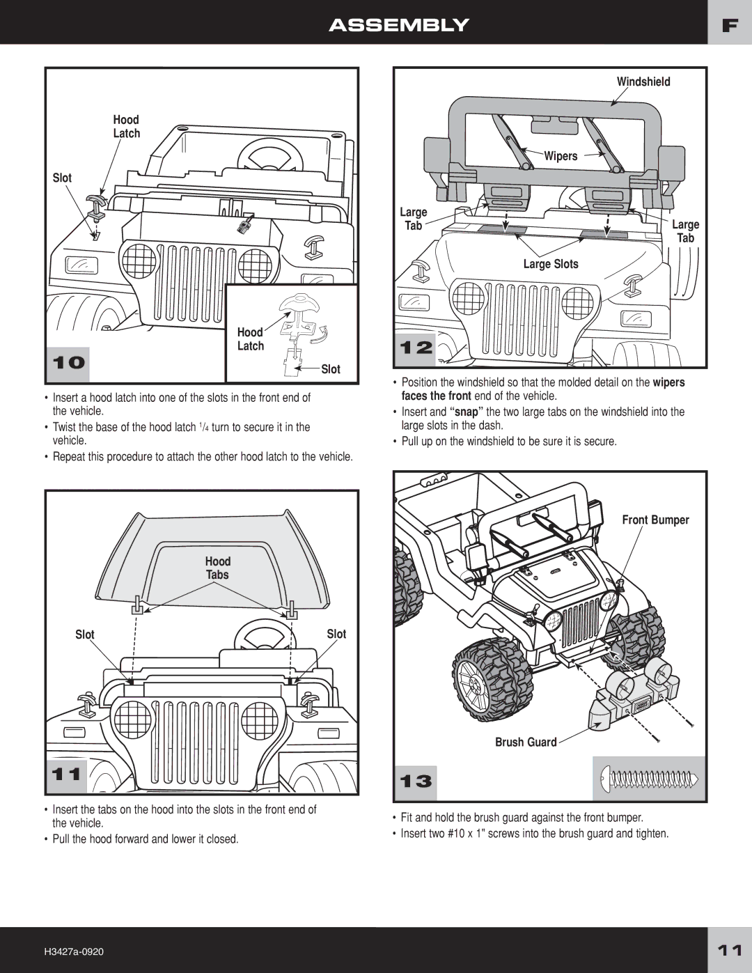 Fisher-Price H3427 owner manual Hood Latch Slot, Slot Windshield Wipers, Large Slots, Slot Front Bumper Hood Tabs 