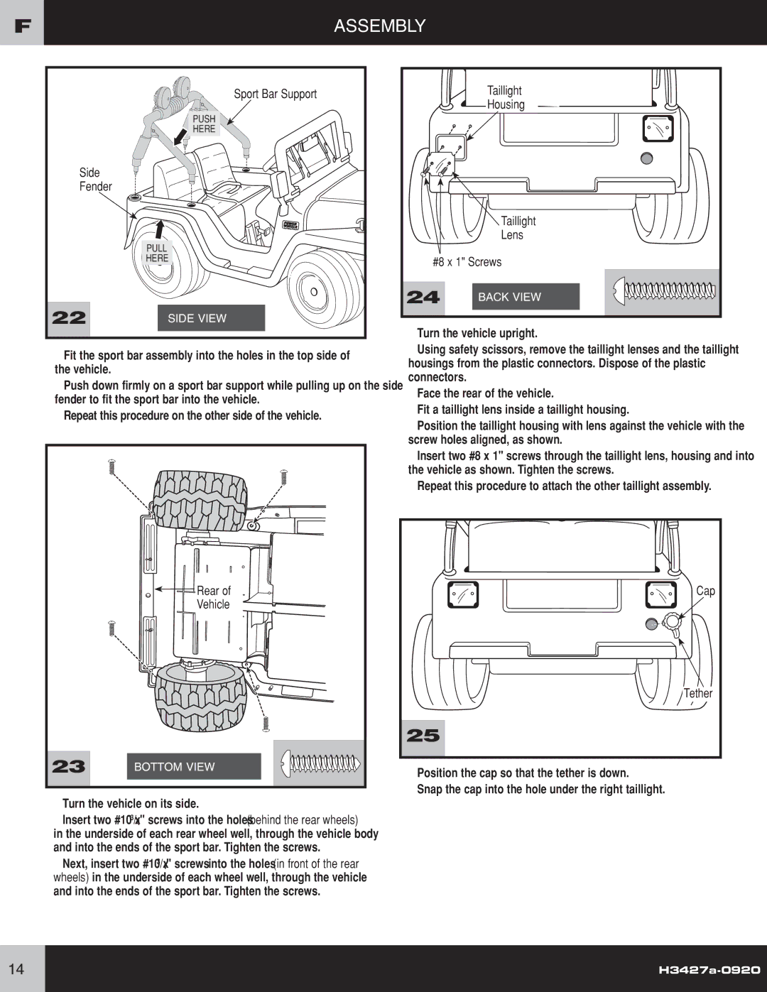 Fisher-Price H3427 owner manual Housing, Side Fender Taillight Lens, #8 x 1 Screws, Rear, Vehicle 