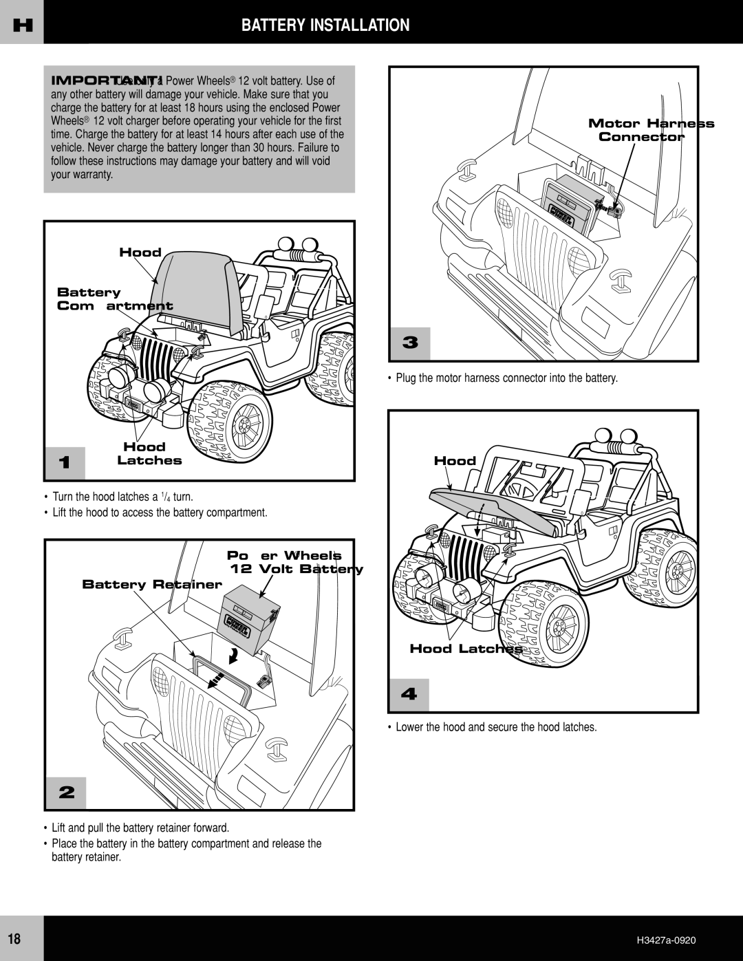 Fisher-Price H3427 owner manual Battery Installation, Hood Battery Compartment, Battery Retainer Hood Latches 