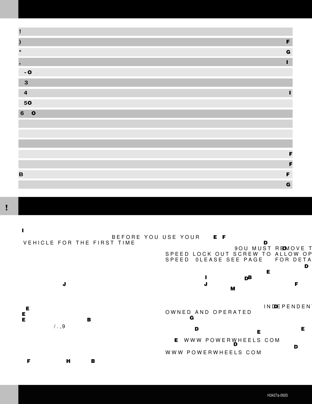 Fisher-Price H3427 owner manual Table of Contents, Important Information 