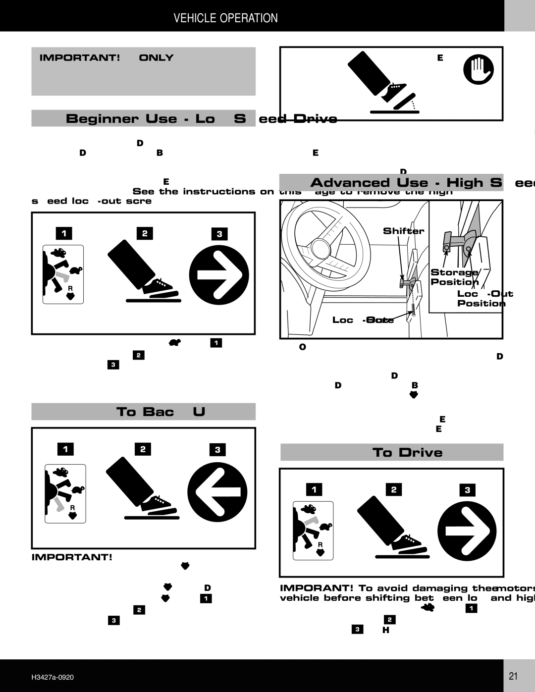 Fisher-Price H3427 owner manual Vehicle Operation, Shifter, Storage, Position, Lock-Out Screw 