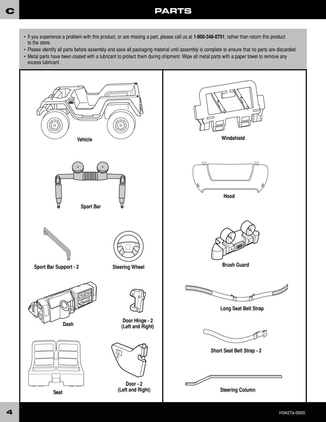 Fisher-Price H3427 owner manual Cparts, Vehicle Sport Bar Sport Bar Support, Dash, Seat, Steering Column 