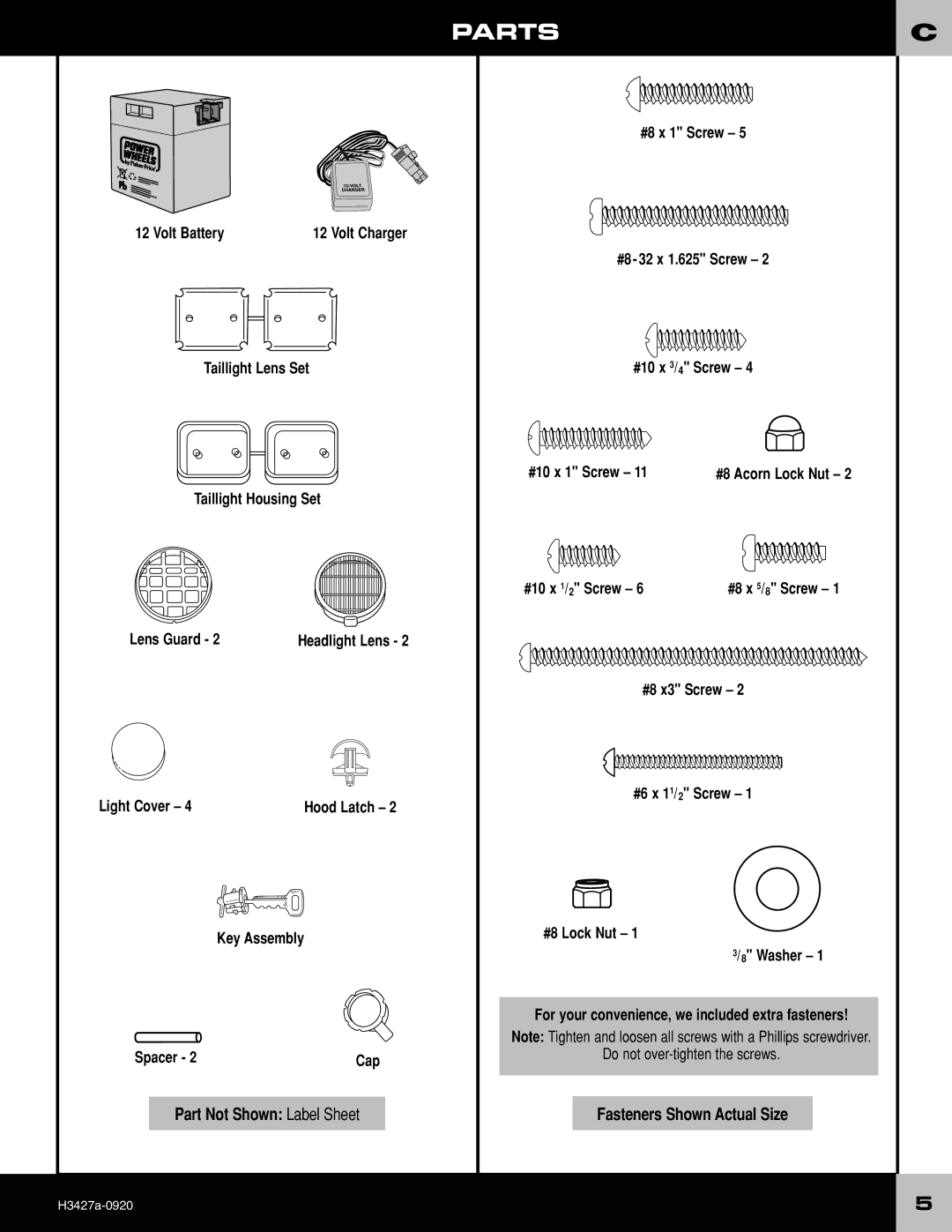 Fisher-Price H3427 owner manual Partsc, Volt Battery, Taillight Lens Set Taillight Housing Set Lens Guard, Light Cover 