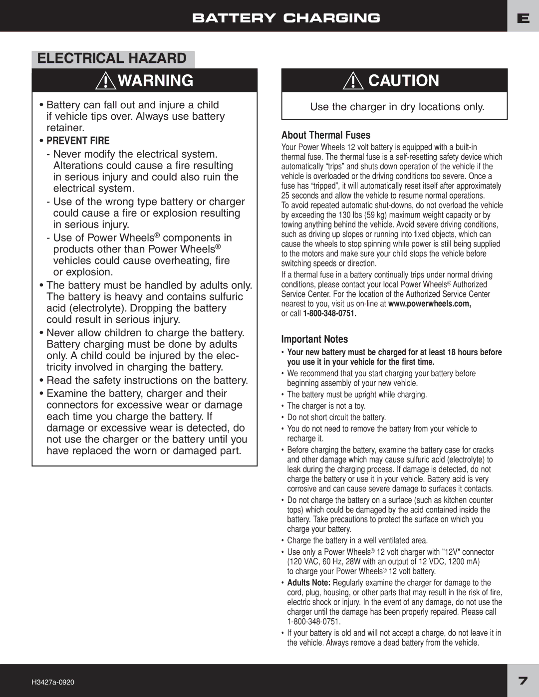 Fisher-Price H3427 owner manual Battery Charging, Or call 