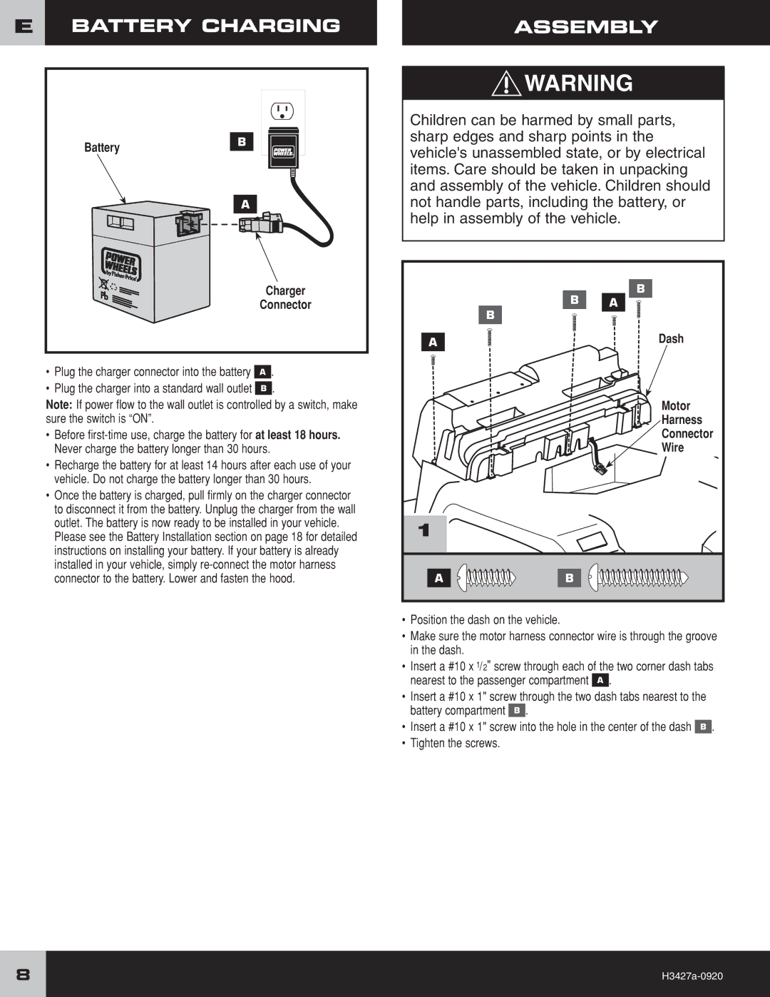 Fisher-Price H3427 owner manual Assembly, BatteryB Charger Connector 