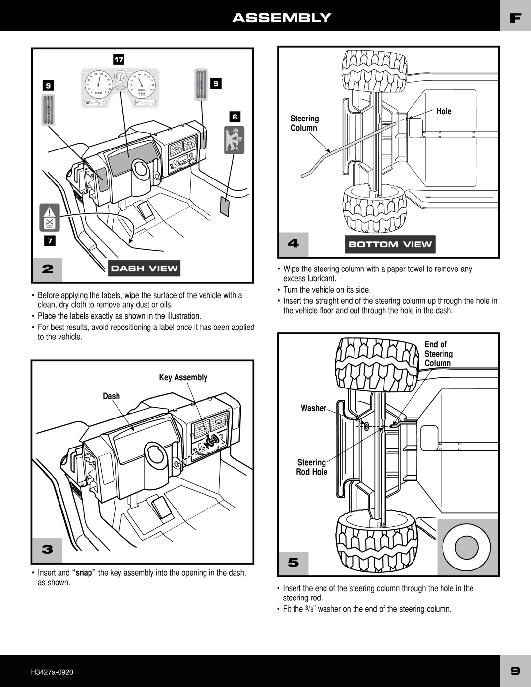 Fisher-Price H3427 owner manual Steering Hole Column, Key Assembly, As shown, End Steering Column Washer Rod Hole 