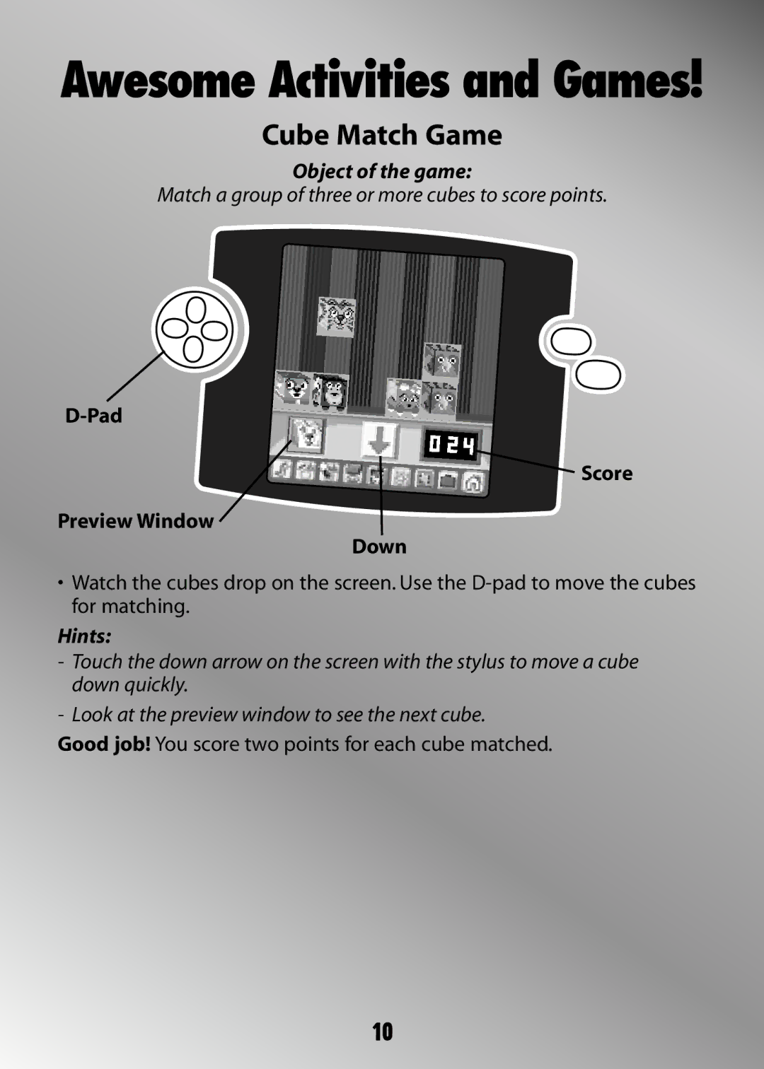 Fisher-Price H4651 owner manual Cube Match Game, Pad Score Preview Window Down 