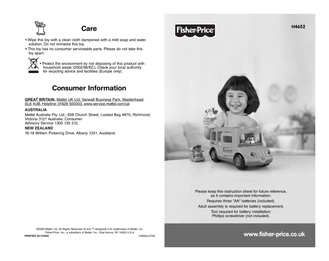 Fisher-Price H4652 instruction sheet Care, Consumer Information, Australia, NEW Zealand 