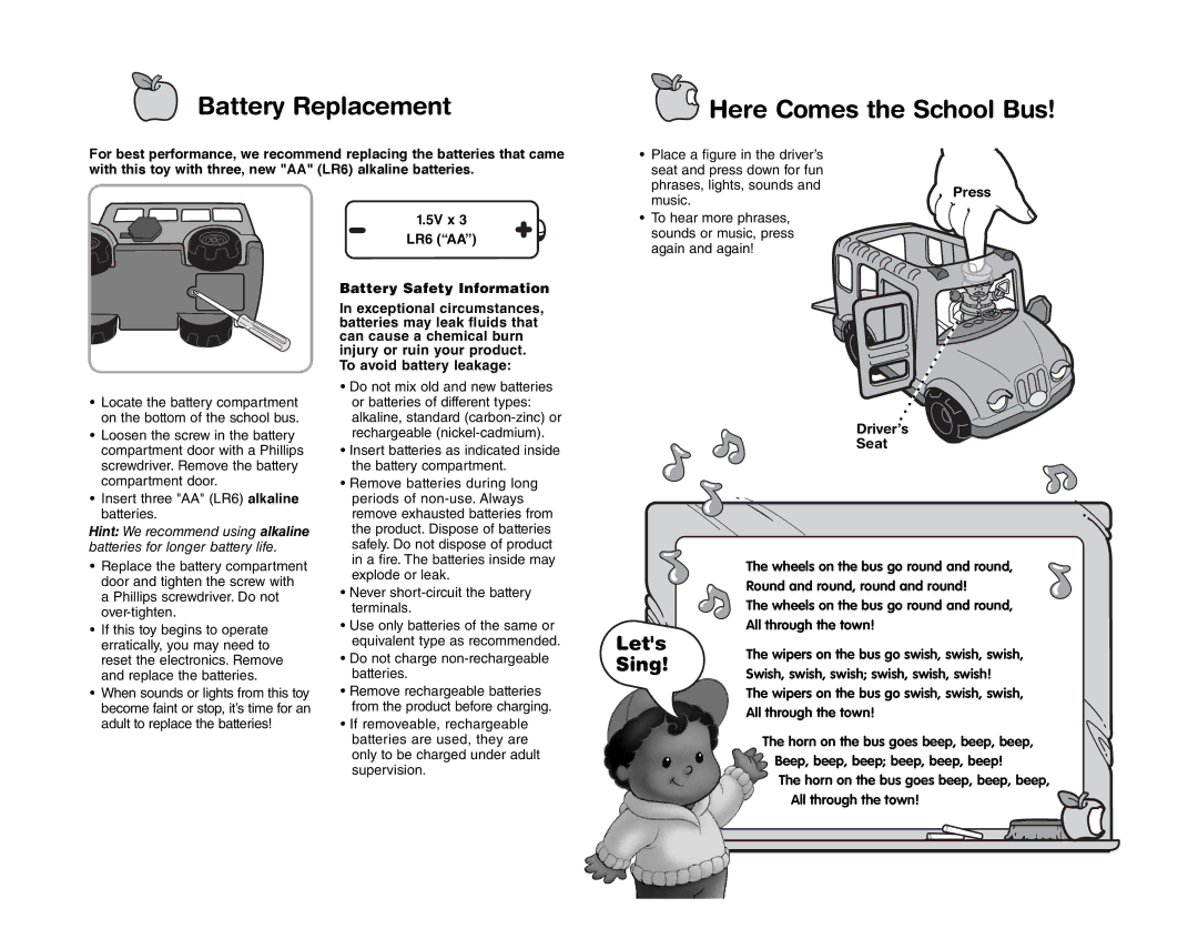 Fisher-Price H4652 instruction sheet Battery Replacement, Here Comes the School Bus, Lets 