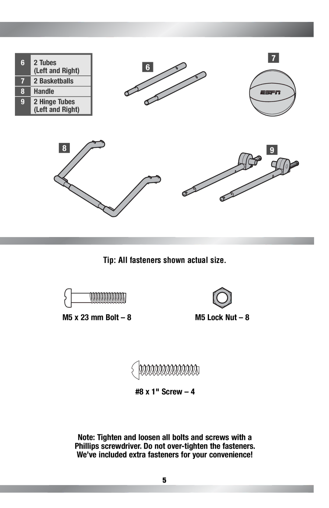 Fisher-Price H4685 owner manual Tip All fasteners shown actual size M5 x 23 mm Bolt 