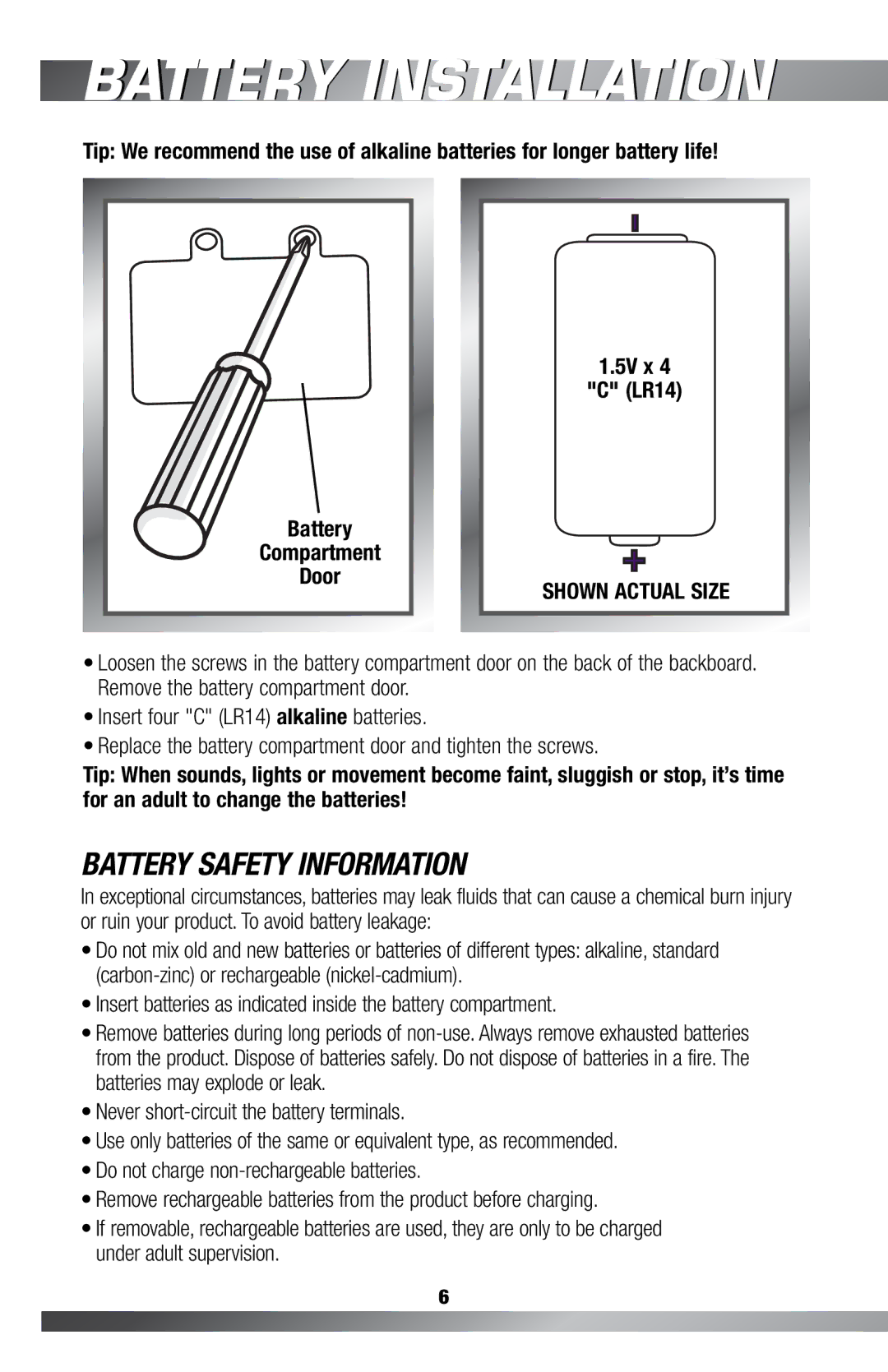 Fisher-Price H4685 owner manual Battery Installation, Shown Actual Size 