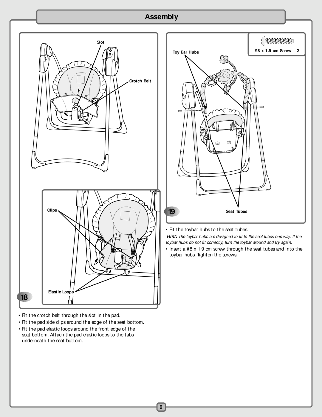 Fisher-Price H4792 manual Assembly, Fit the toybar hubs to the seat tubes 