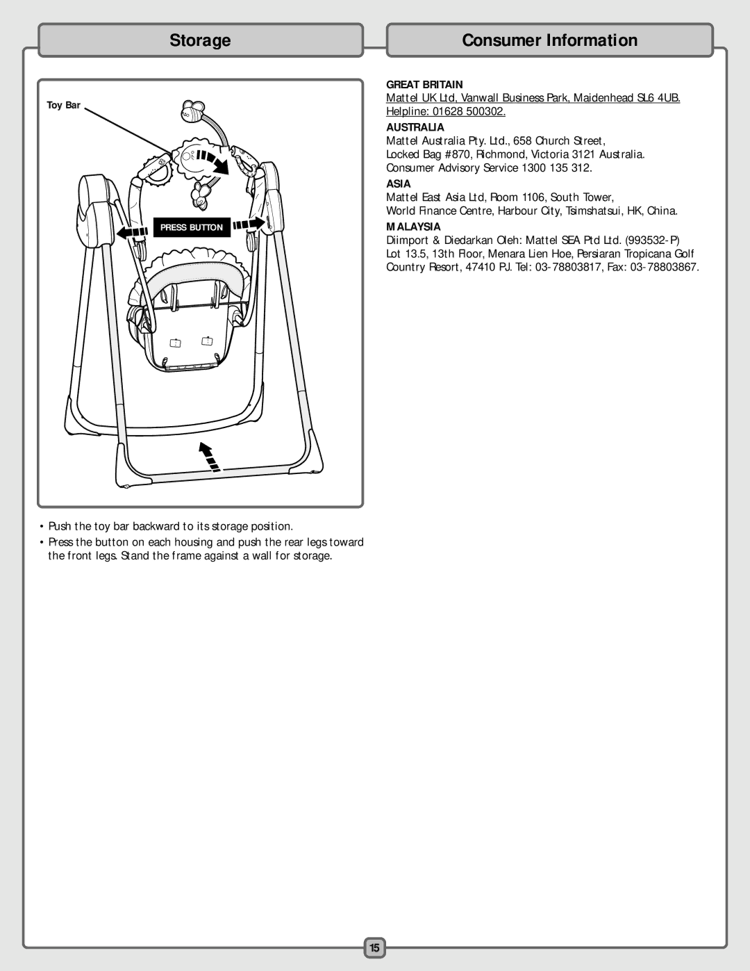 Fisher-Price H4792 manual Storage, Consumer Information 