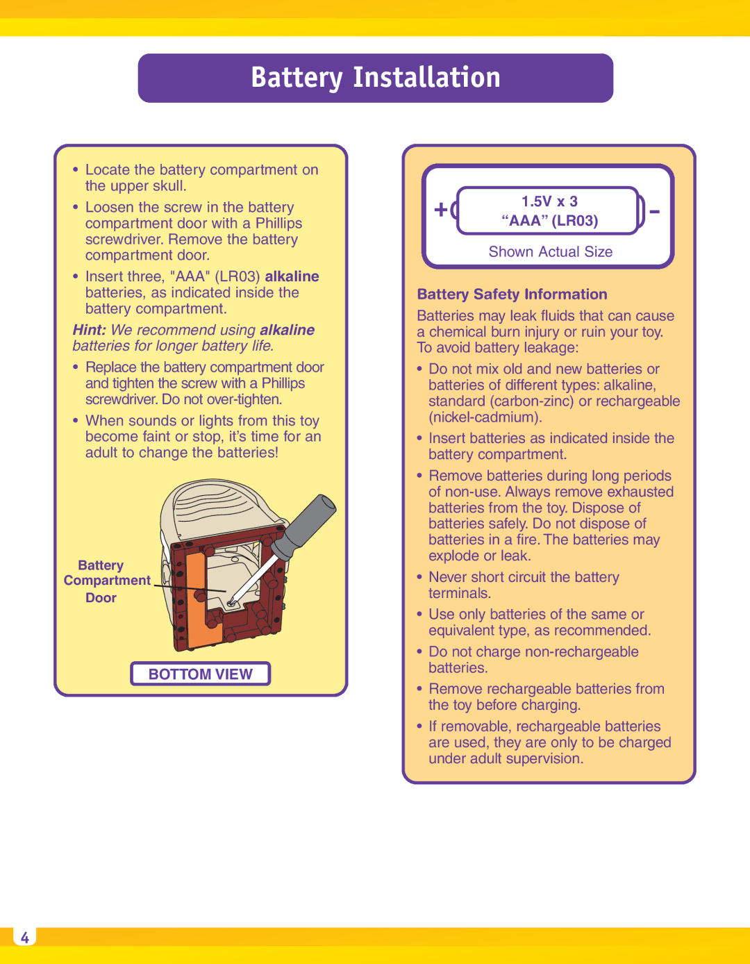 Fisher-Price H5341 manual Battery Installation, Bottom View 