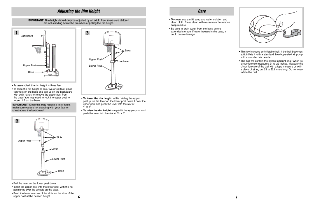 Fisher-Price H5556, 72408 instruction sheet Adjusting the Rim Height, Care 