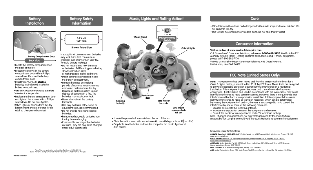 Fisher-Price H5924 instruction sheet Care, Consumer Information, FCC Note United States Only 