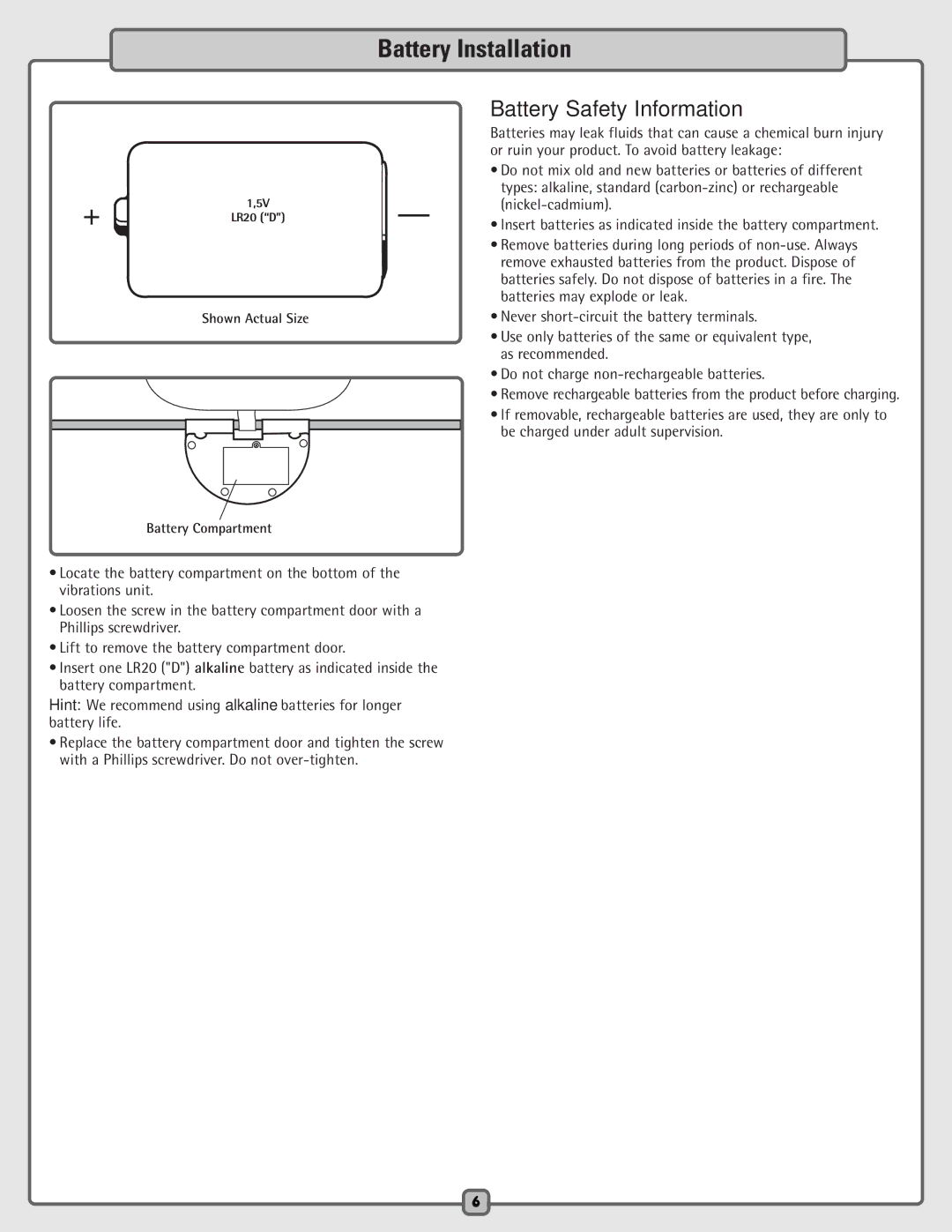 Fisher-Price H5985 manual Battery Installation, Battery Safety Information 