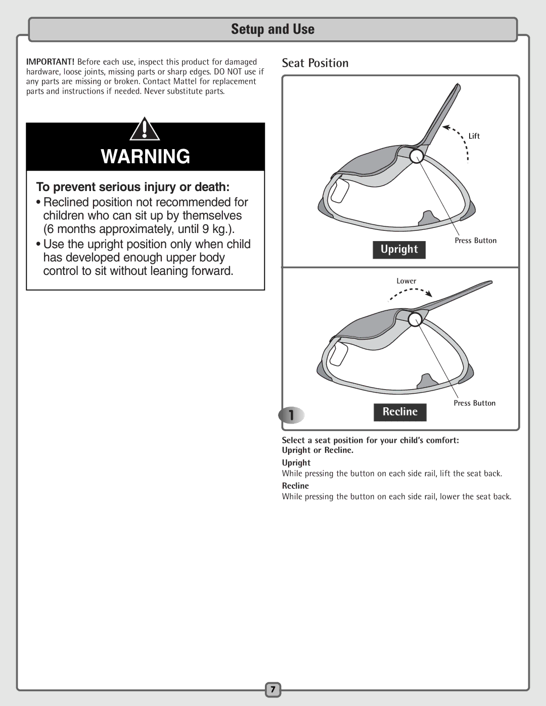 Fisher-Price H5985 manual Setup and Use, Seat Position 