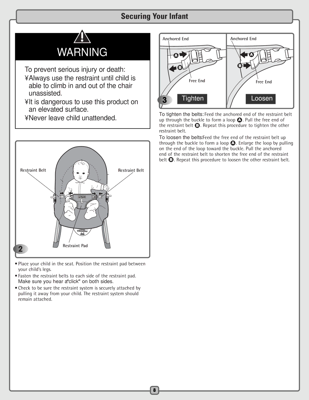 Fisher-Price H5985 manual Securing Your Infant, Loosen 